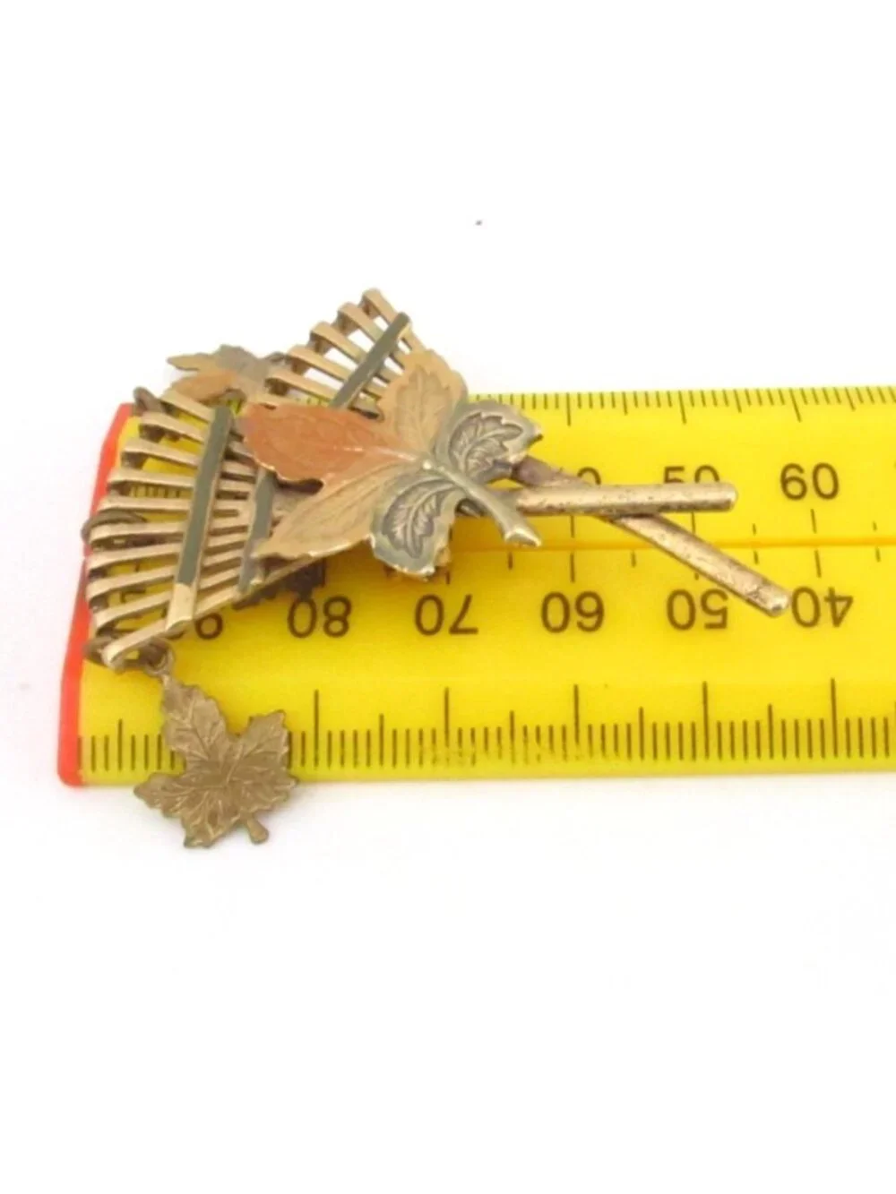 Vintage Fall Pin Brooch Rake Multicolor Enamel Dangle Leaves Fall Colors